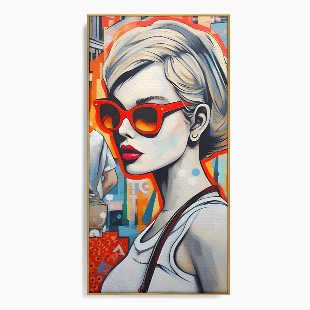Tablou canvas cu tablou canvas cu portret stilizat de femeie, in rama de aluminiu auriu